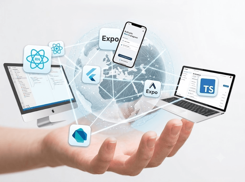 Cross-platform technologies including React Native, Flutter, Expo, TypeScript, and Dart