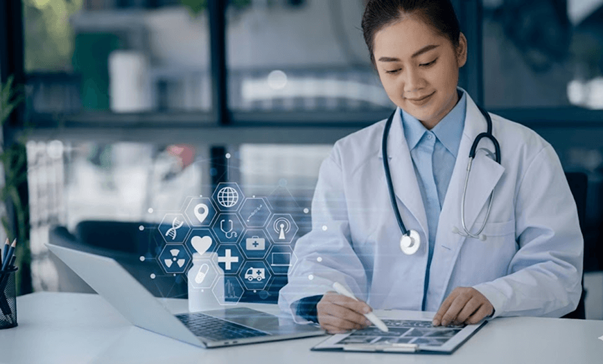 Doctor reviewing patient records with digital health data overlay