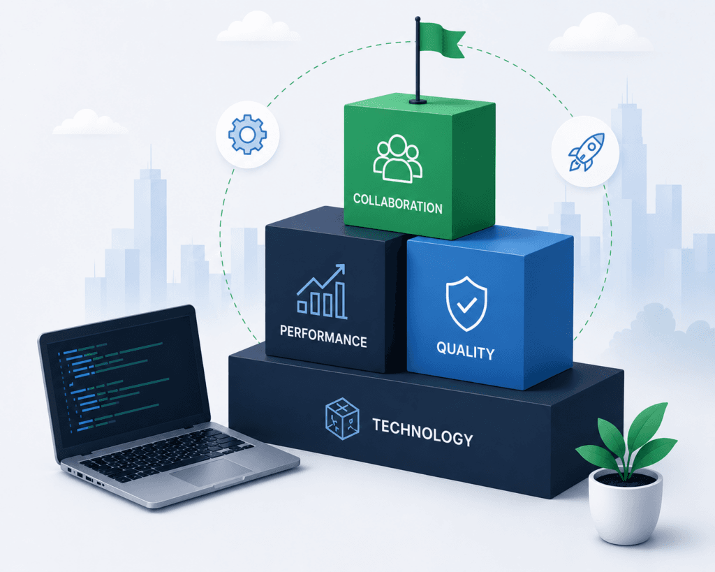 Illustration of collaboration, performance, quality, and technology building blocks