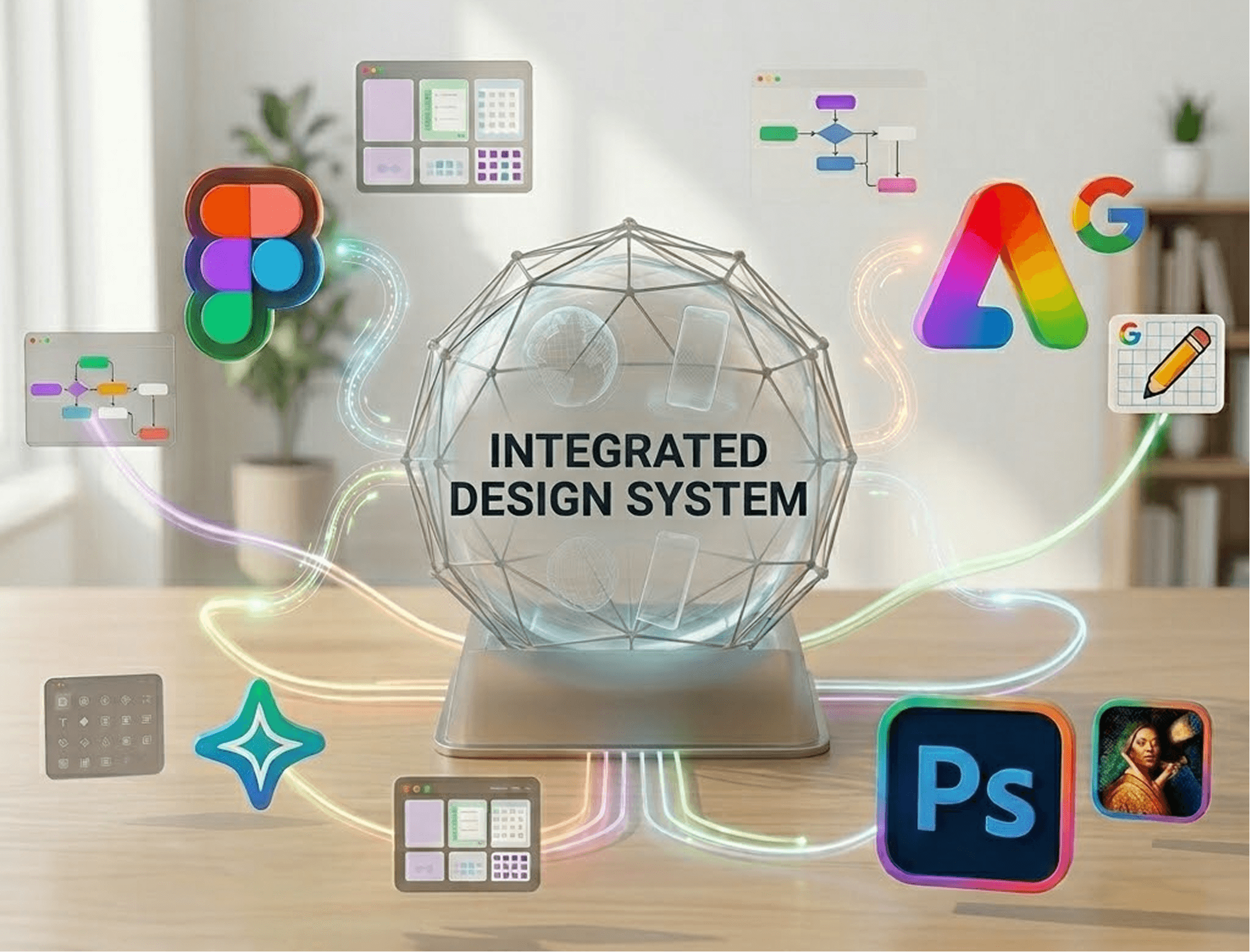 Design tools including Figma, Adobe, and Google Stitch connected to an integrated design system
