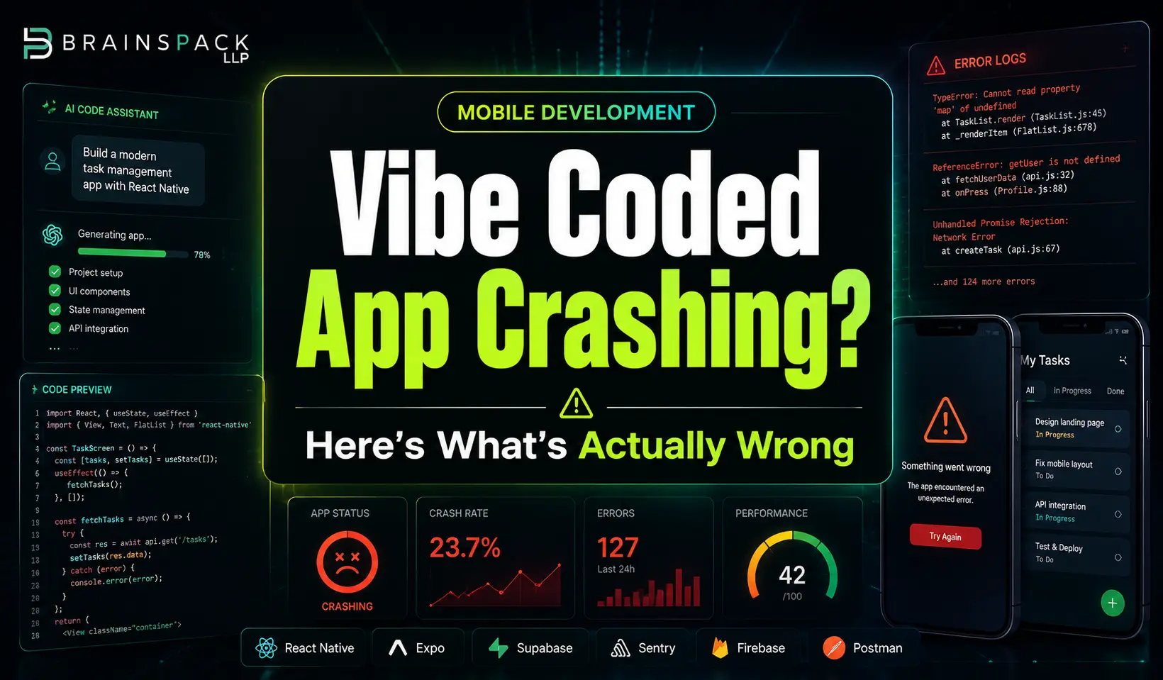 Vibe coded mobile app crashing after AI-assisted development with Brainspack branding