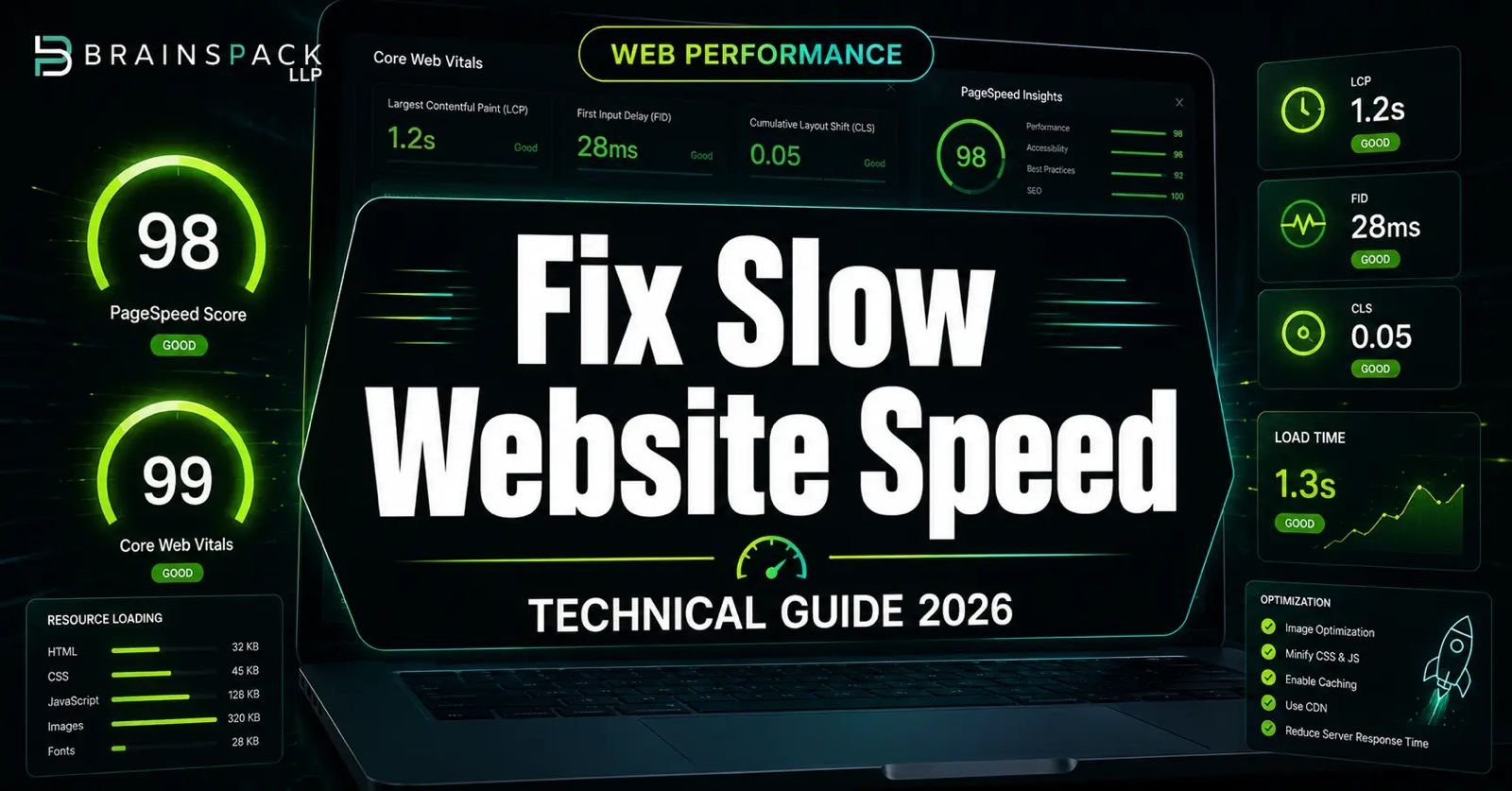 Website speed optimization dashboard showing Core Web Vitals metrics and performance improvements for faster load times