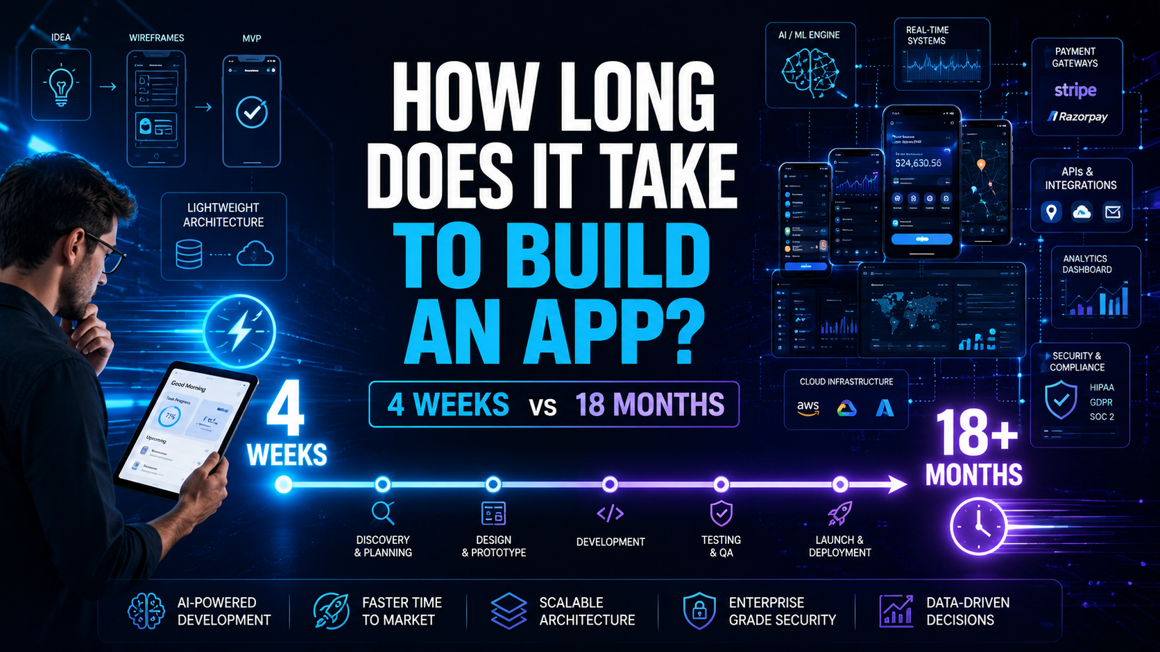 Illustration showing mobile app development timelines comparing a simple app built in 4 weeks versus a complex enterprise app requiring 18+ months with AI, integrations, cloud infrastructure and testing phases.